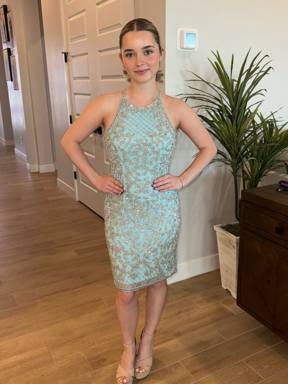 Sherri Hill beaded blue cocktail dress. Adjustable back. Size 4.